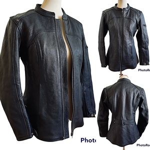 Woman’s First Classics Black Leather Motorcycle Jacket Size M